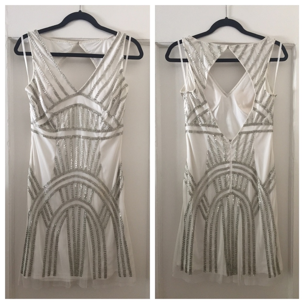 Adrianna Papell White Cocktail Midi Dress with Silver Sequin Art Deco Detailing